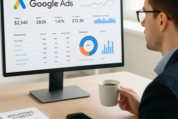 Google ads dashboard | webtronix designs web agency Man analyzing smart bidding performance in Google Ads dashboard to maximize conversion value