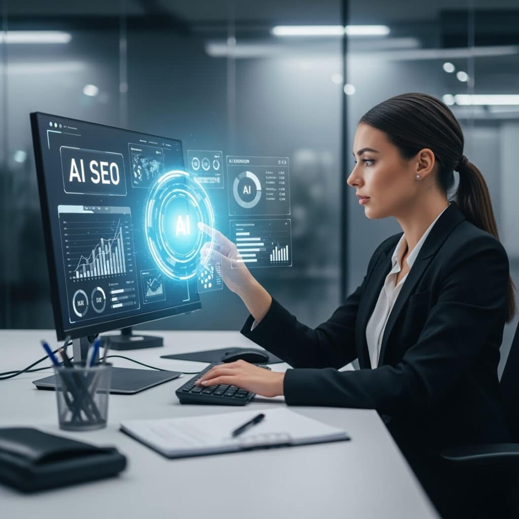 Ai in seo | webtronix designs web agency professional marketer using ai-powered seo analytics dashboard on a computer screen, representing how ai in seo is transforming search in 2026