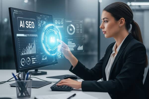 Ai in seo | webtronix designs web agency Professional marketer using AI-powered SEO analytics dashboard on a computer screen, representing how AI in SEO is transforming search in 2026