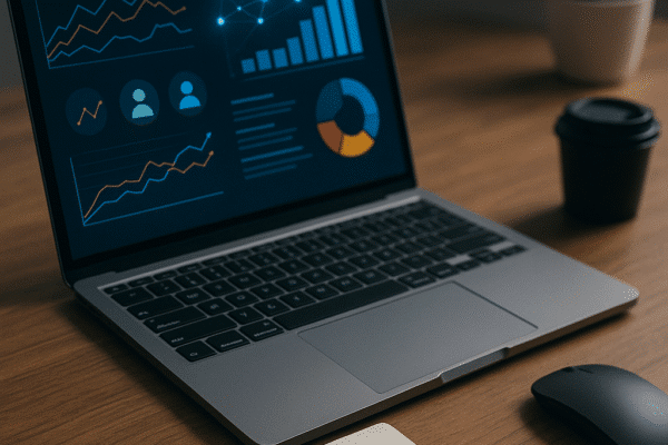 Digital marketing 2026 | webtronix designs web agency Digital marketing strategist’s workspace with laptop showing analytics dashboard and AI network hologram, symbolizing 2026 strategy and AI-powered marketing.