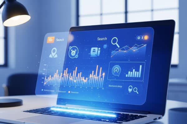 Laptop displaying a glowing digital marketing dashboard | webtronix designs web agency Laptop displaying a glowing digital marketing dashboard with analytics charts, search icons, and performance graphs — symbolizing how digital marketing works. with analytics charts, search icons, and performance graphs — symbolizing how digital marketing works.