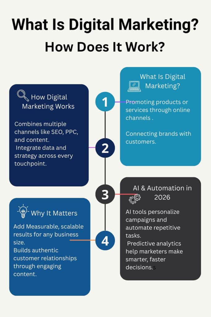 Infographic explaining what digital marketing is and how it works, | webtronix designs web agency infographic explaining what digital marketing is and how it works, with four sections: definition, process, ai automation, and benefits — webtronix designs.