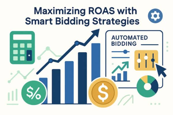 Smart advertising: maximizing roas with smart bidding strategies. | webtronix designs web agency Smart advertising illustration showing graphs, charts, and automation icons with the title “Maximizing ROAS with Smart Bidding Strategies.” The image represents data-driven advertising, automated bidding, and methods to improve return on ad spend.